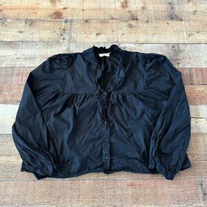 Nation LTD Women's oversized ruffled long sleeve button down shirt in black -M